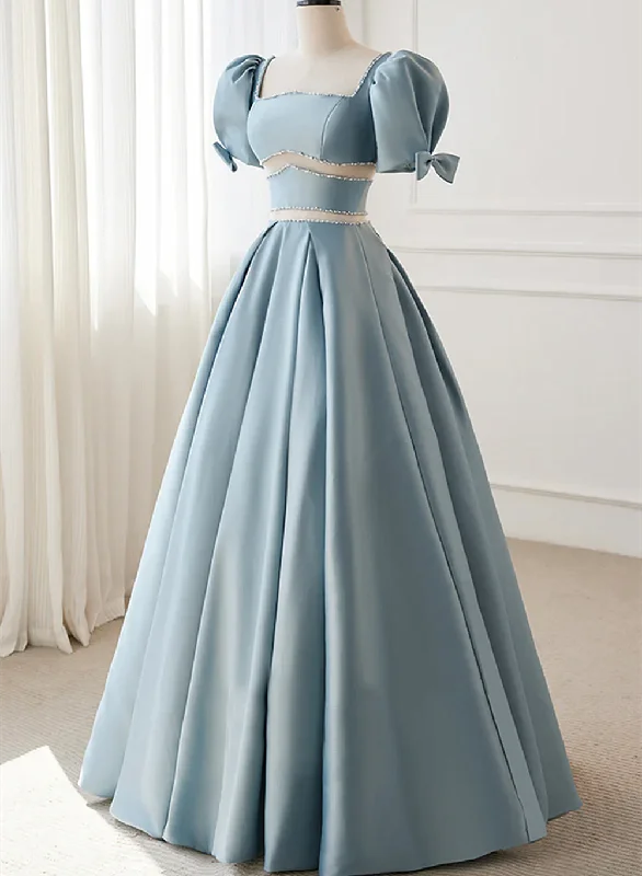 Blue Satin A-line Beaded Chic Long Prom Dress Party Dress, Blue Satin Evening Dress Tunics Yoga stretchy