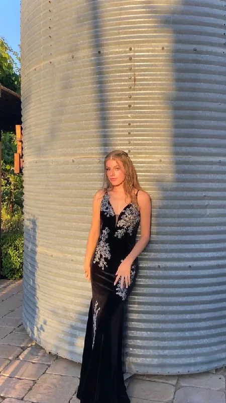 Black V Neck Mermaid Velvet Formal Party Dress with Appliques,DP1576 Tunics Prom sequined