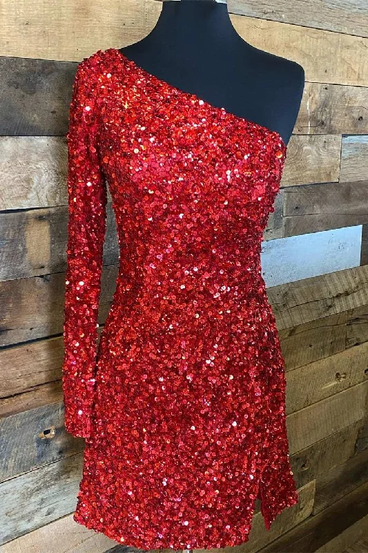Red Sequins One-shoulder Long Sleeve Party Dress Peplum Ruffle Cocktail