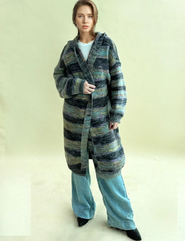 Ladies Striped Hood Button Down Cardigan SKT4687 Print Jacquard Patchwork