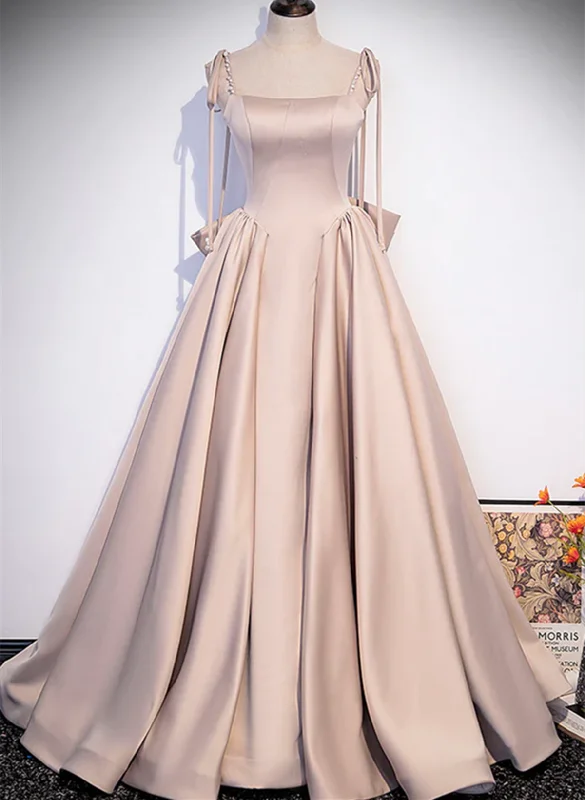 Pink Satin Long A-Line Prom Dress, Pink Spaghetti Straps Party Dress with Bow Tunics Versatile functional