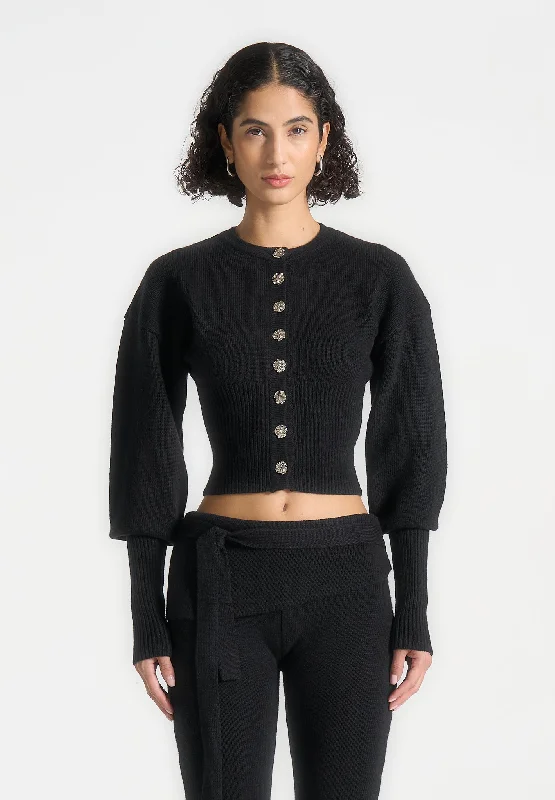Knitted Cinch Waist Cardigan - Black Iron Safe Non-Iron Wrinkle Free