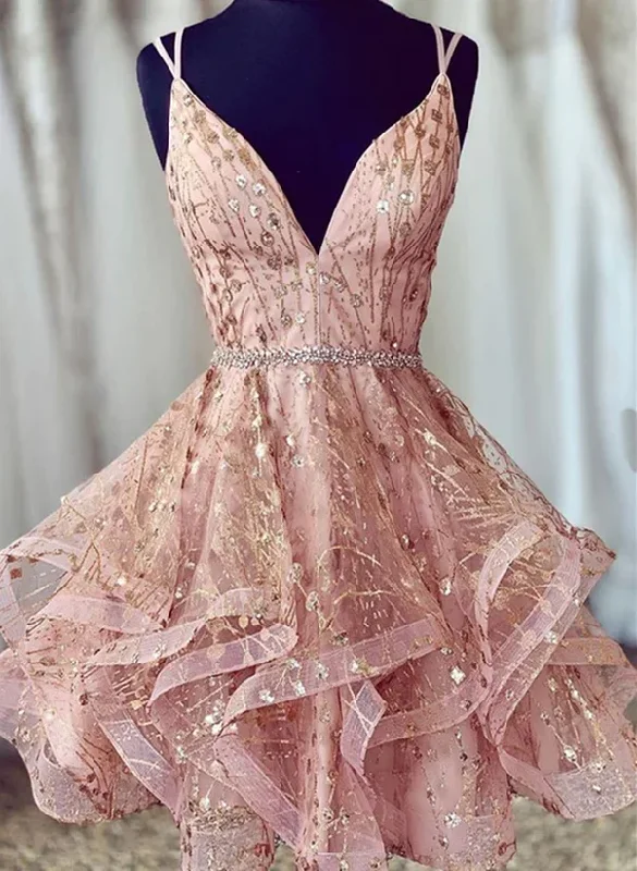 Pink V-neckline Straps Tulle Short Party Dress, Pink Tulle Homecoming Dress Formal Dress Tunics Modern contemporary