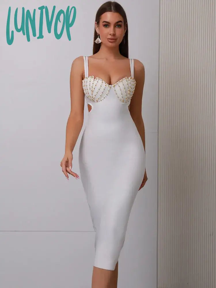 Lunivop Women Celebrity Sexy V Neck White Beading Cut Out Midi Bodycon Bandage Dress Knitted Elegant Evening Club Party Dress Tunics Fleece cozy