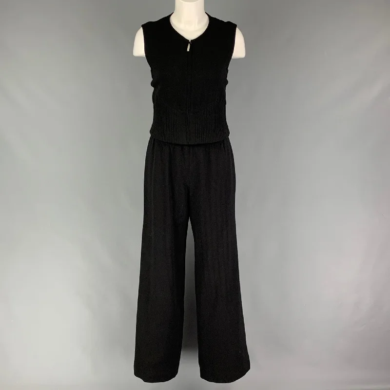 CHANEL Size 8 Black Wool Ribbed Sleeveless Pants Suit Slim-Fit Khaki Pants