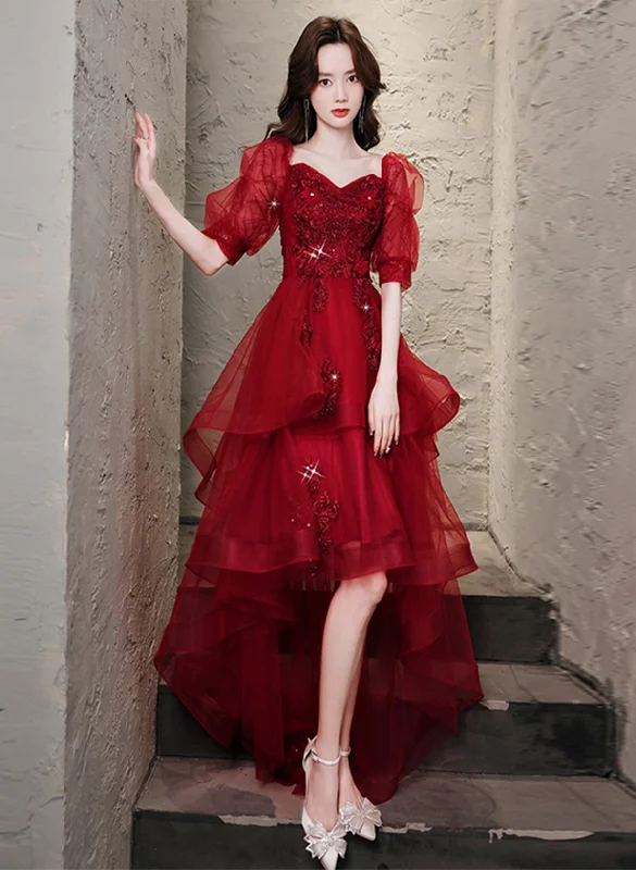 Chic Wine Red High Low Short Sleeves Party Dress, Wine Red High Low Homecoming Dress Tunics Office stylish