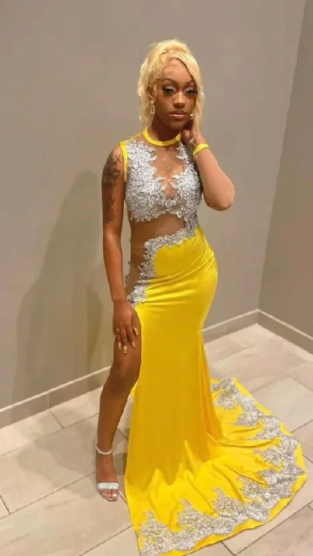 Yellow Appliques Lace Evening Dress Black Girl Mermaid Party Dress, DP2385 Tunics Velvet soft