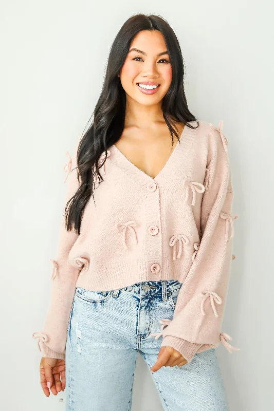 FINAL SALE - Darling Coziness Bow Sweater Cardigan Handmade Hand-knitted Hand-woven