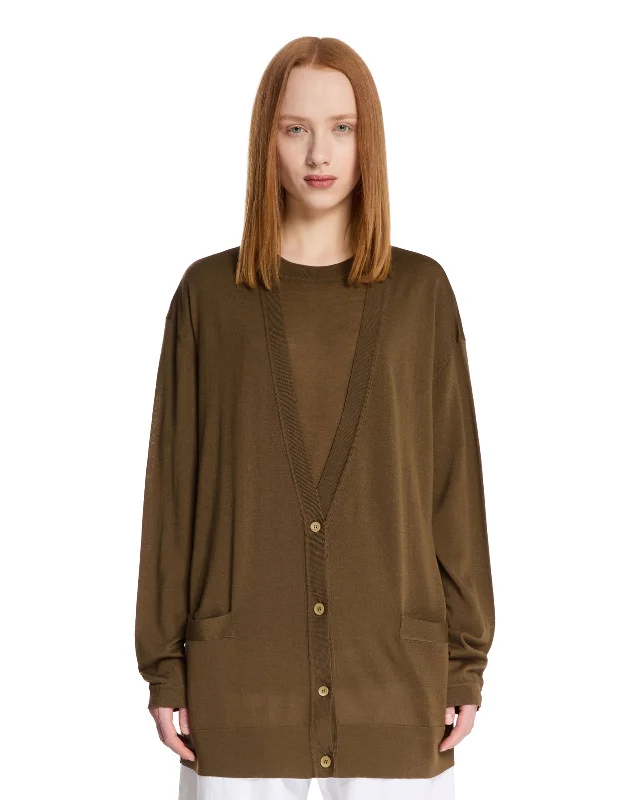 Cardigan In Lana Vergine Marrone Satin Fabric Silk Fabric Chiffon Fabric