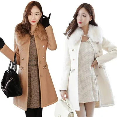 Premium Autumn Winter Women Woolen Jacket New Style Fashion Fur Collar Mid-Long Blends Coat Thicken Double-faced Plush Coat Elasticated Jacket Padded Jacket Insulated Jacket