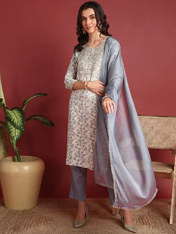 Women's Grey Viscose Rayon Embroidered Straight Kurta Pant Set With Dupatta - Ahika Fashionable Tapered Leg Pants