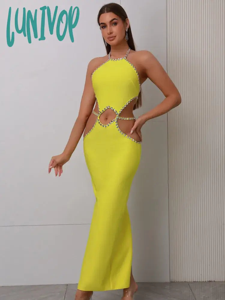 Lunivop Women Celebrity Sexy Backless Halter Beading Maxi Long Lemon Yellow Bandage Dress Elegant Evening Club Party Dress Tunics Satin smooth