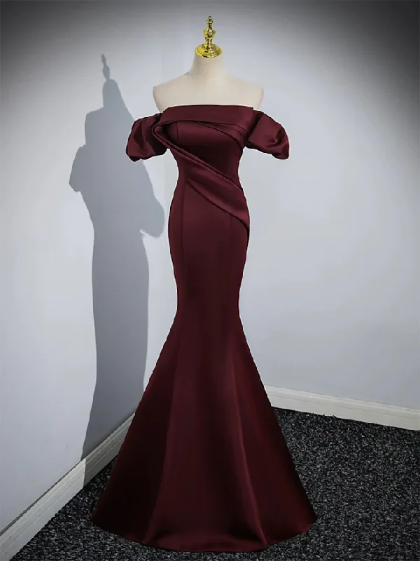 Burgundy Satin Mermaid Off Shoulder Formal Evening Party Dress, DP2468 Tunics Print Colorful