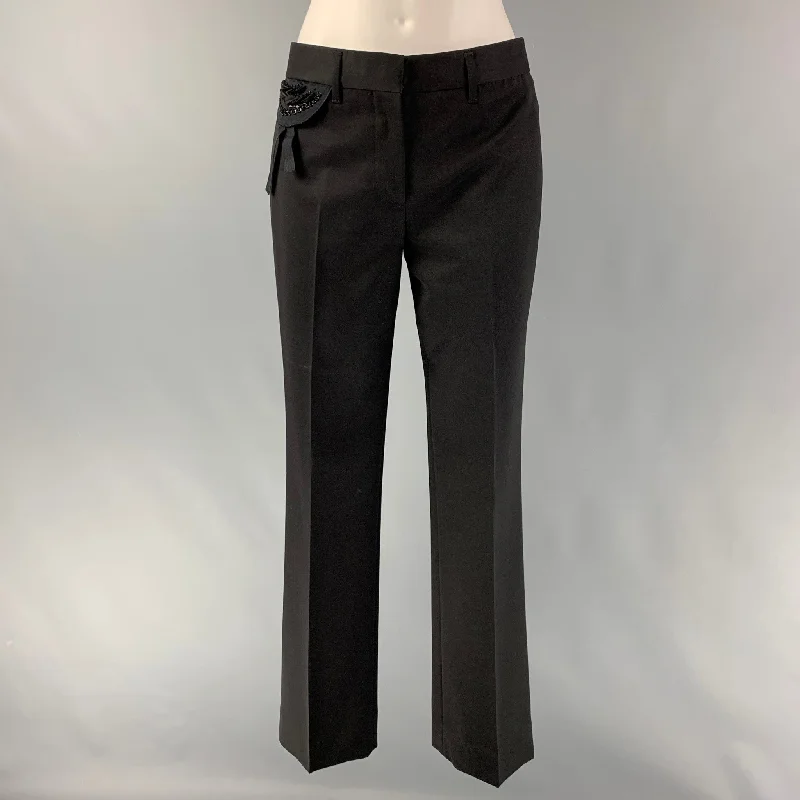 PRADA Size 4 Black Virgin Wool Embellishment Straight Dress Pants Formal Linen Trousers