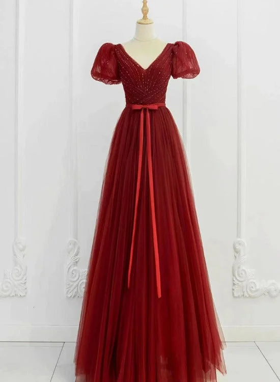 Beautiful Wine Red Tulle Sweetheart Long Party Dresses, Dark Red Evening Gown Prom Dress Tunics Cozy soft
