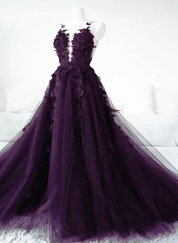 Dark Purple Tulle with Lace Applique Long Wedding Party Dress, Purple Formal Dress Sequined Elegant Party