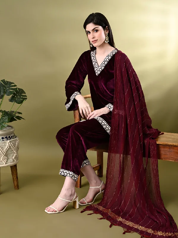 Women's Magenta Velvet Kurta Pant With Dupatta Set - Myshka Cozy Maternity Pants