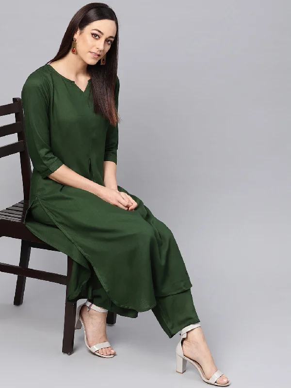 Women's Green Kurta With Palazzo Pants - Idalia Stylish Paperbag Waist Pants