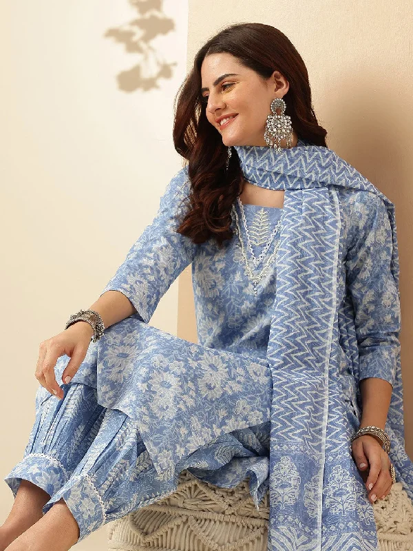 Women's Sky Blue Flower Printed Kurta With Pant And Duppata Set - Dwija Fashion Fashionable Track Pants