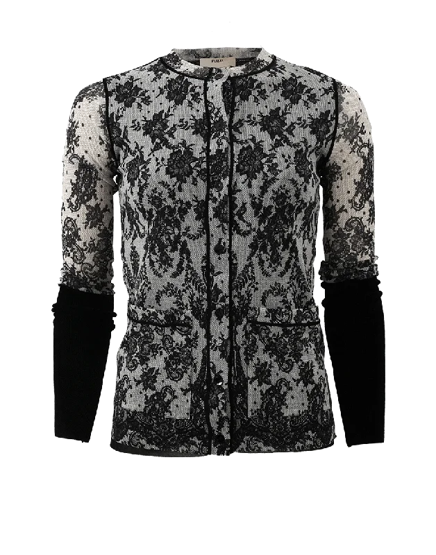 Floral Lace Cardigan Crew Neck V-Neck Turtle Neck