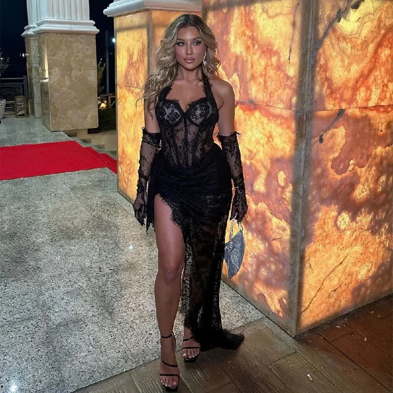 Sexy Lace Appliques Mermaid Black Girl Birthday Party Dress Illusion Evening Dress, DP2366 Tunics Fleece cozy