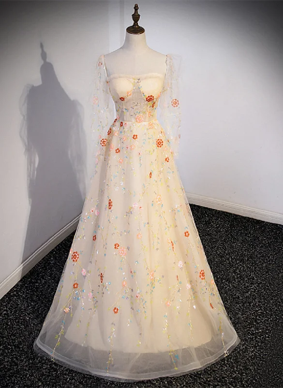 Light Champagne Long Sleeves Floral Tulle Party Dress, A-line Tulle Evening Dress Prom Dress Tunics Chinos classic