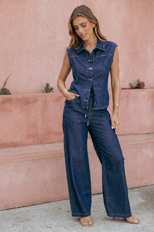 Kirie Wide Leg Denim Pant - Indigo Sleek Black Pants