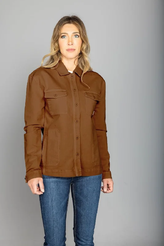 Kimes Ranch Womens Cloverleaf Shirt Work Wear Brown 100% Cotton Cotton Jacket Zippered Front Buttoned Front Snap Front