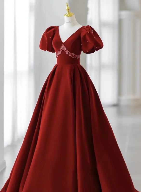Wine Red Velvet V-neckline Beaded Short Sleeves Party Dress, Wine Red Long Prom Dress Tunics Top rated