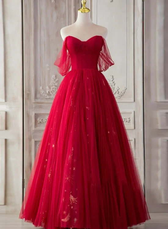 Red Sweetheart Tulle Long Beautiful Prom Dresses, Wine Red Party Dresses Evening Gown Chiffon Maxi Beach
