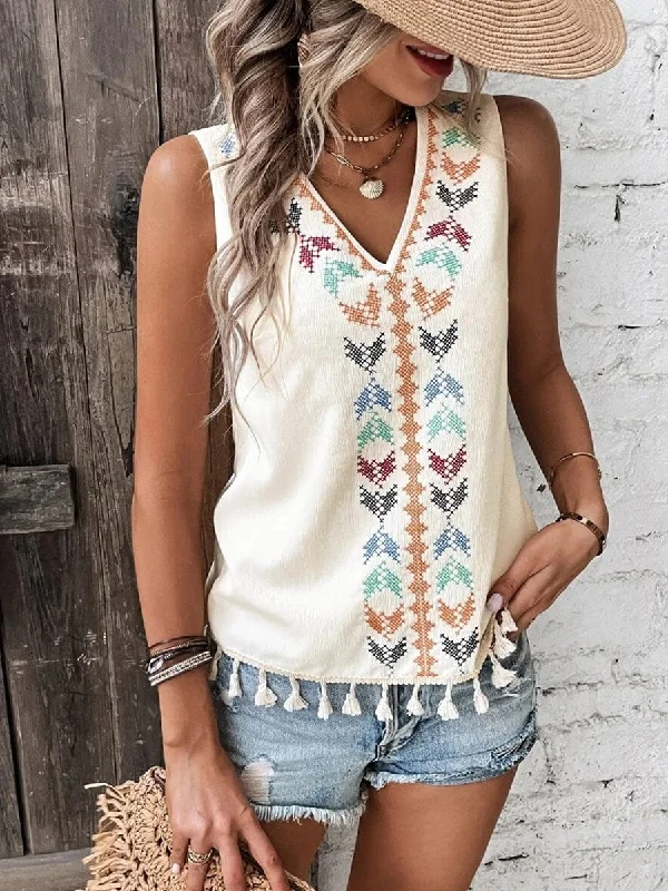Tops Ethnic Style V Neck Embroidery Stitching Hem Tank Top comfortable tank top