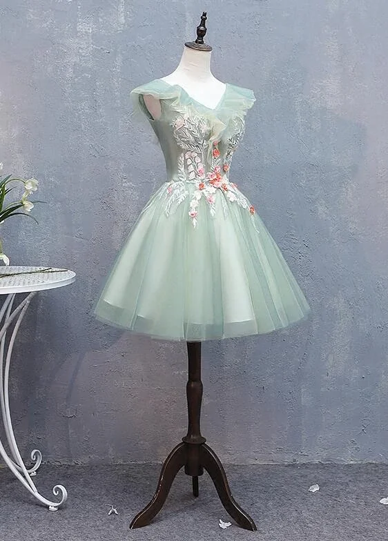 Cute Short Tulle V-neckline with Flower Lace Party Dress Homecoming Dress, Short Formal Dresses Tunics Chic fashionable