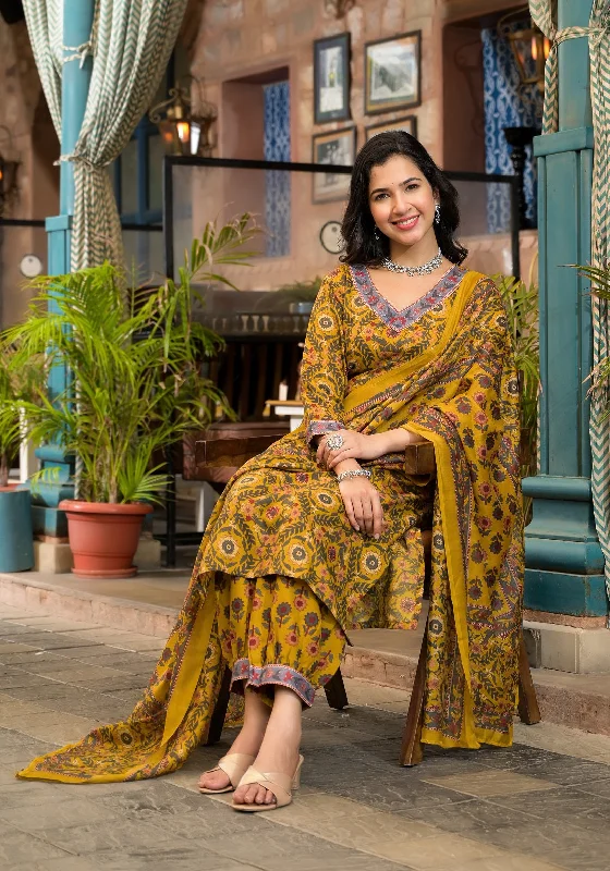 Women's Mustard Flower Printed Kurta With Pant And Duppata Set - Dwija Fashion Trendy Work Pants