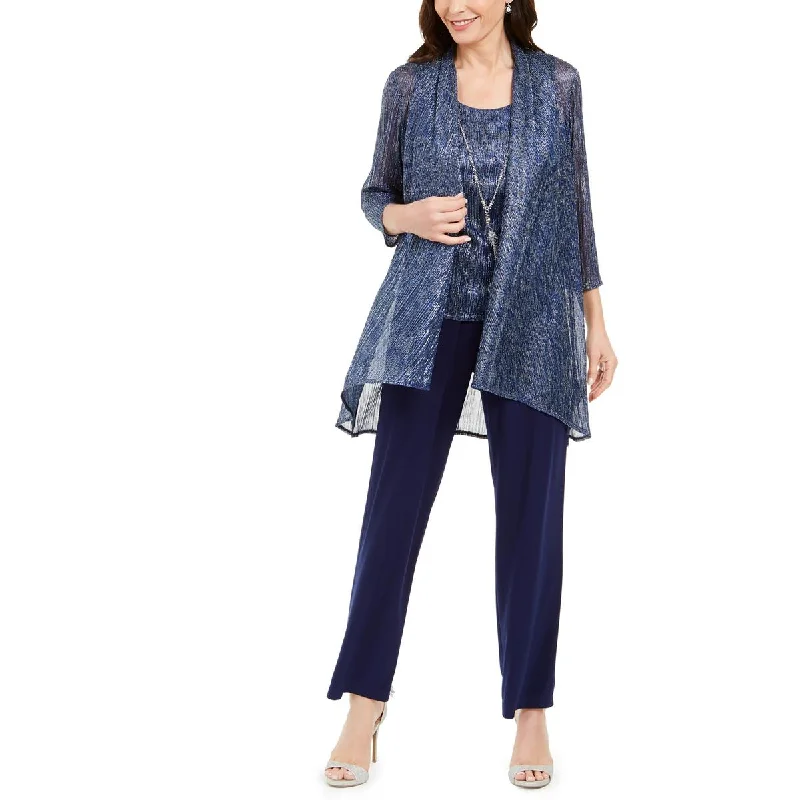 R&M Richards Womens 3PC Metallic Pant Suit Modern Stretch Trousers